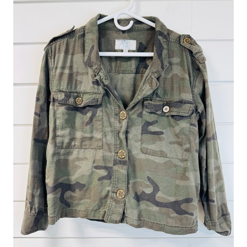 Time and Tru Womens Camo Utility Jacket Green Brown Military Button Down Sm 4-6